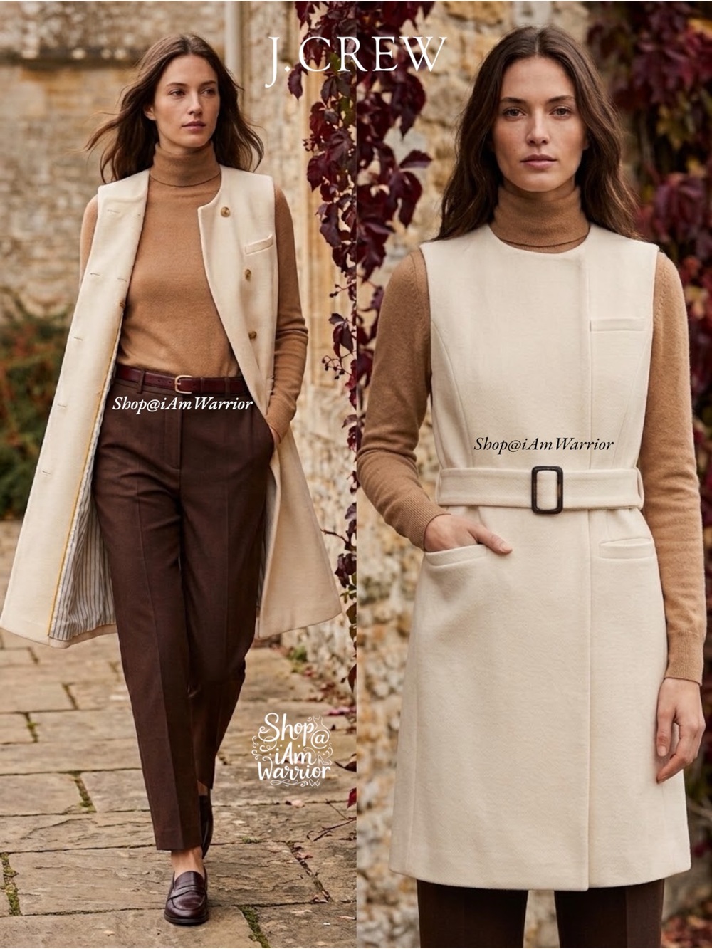 J.Crew Ivory Italian Wool Belted Long Collarless Sleeveless Vest/Coat